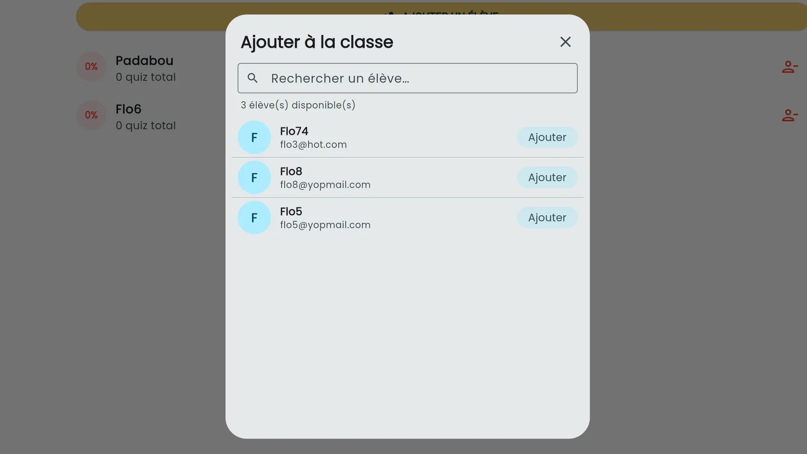 Ajout d’élèves dans une classe QuizDive