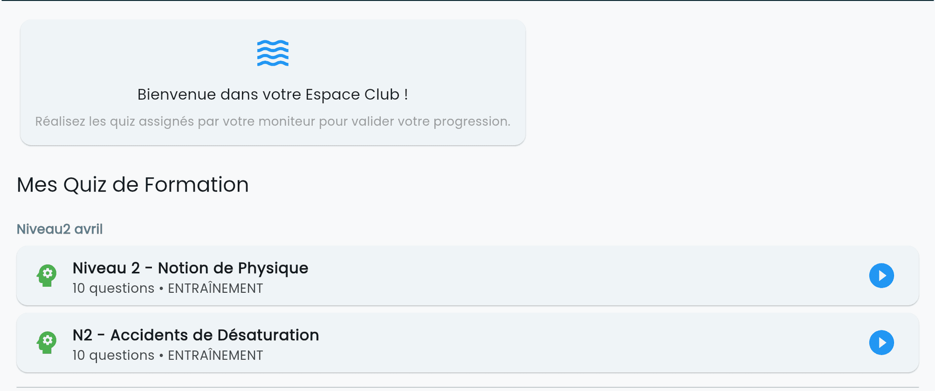Quiz disponibles dans le club