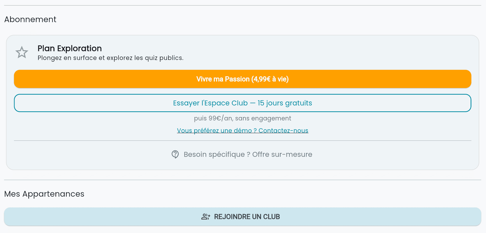 Tableau de bord espace club