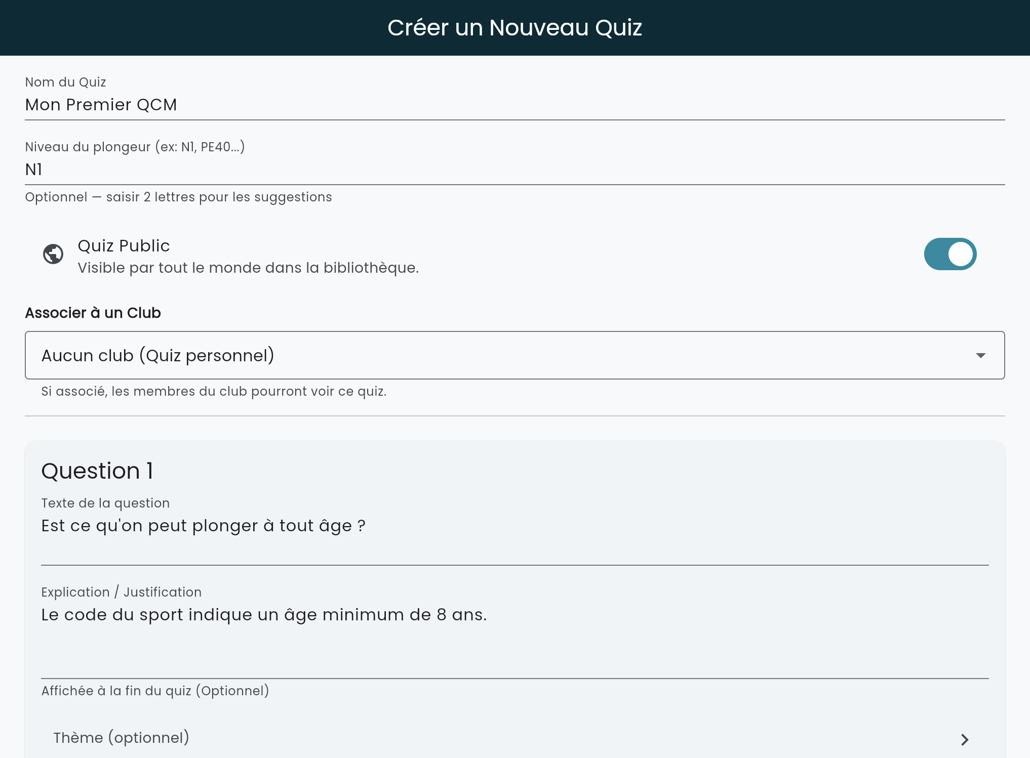 Écran de création d’un quiz dans QuizDive