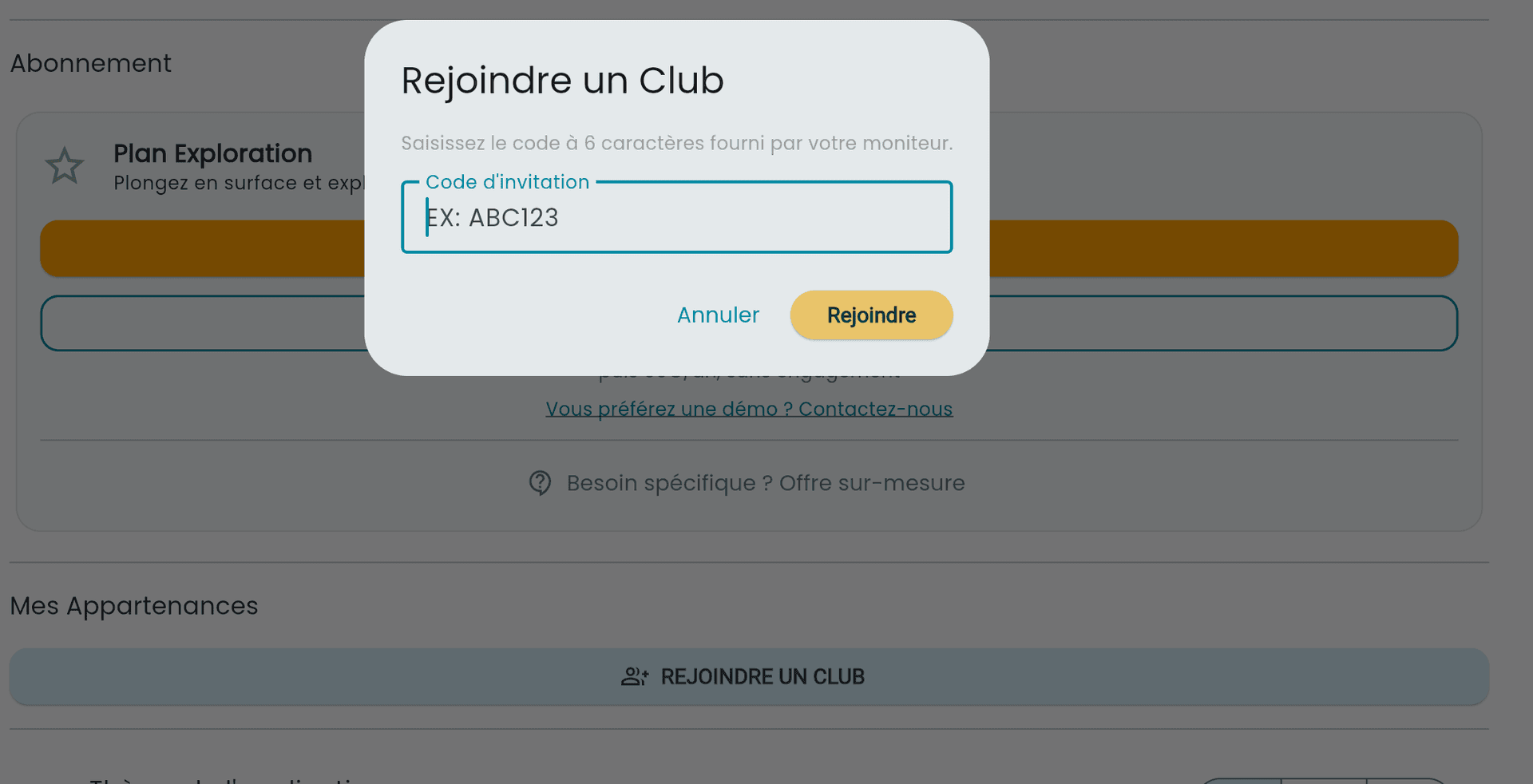 Saisir le code du club
