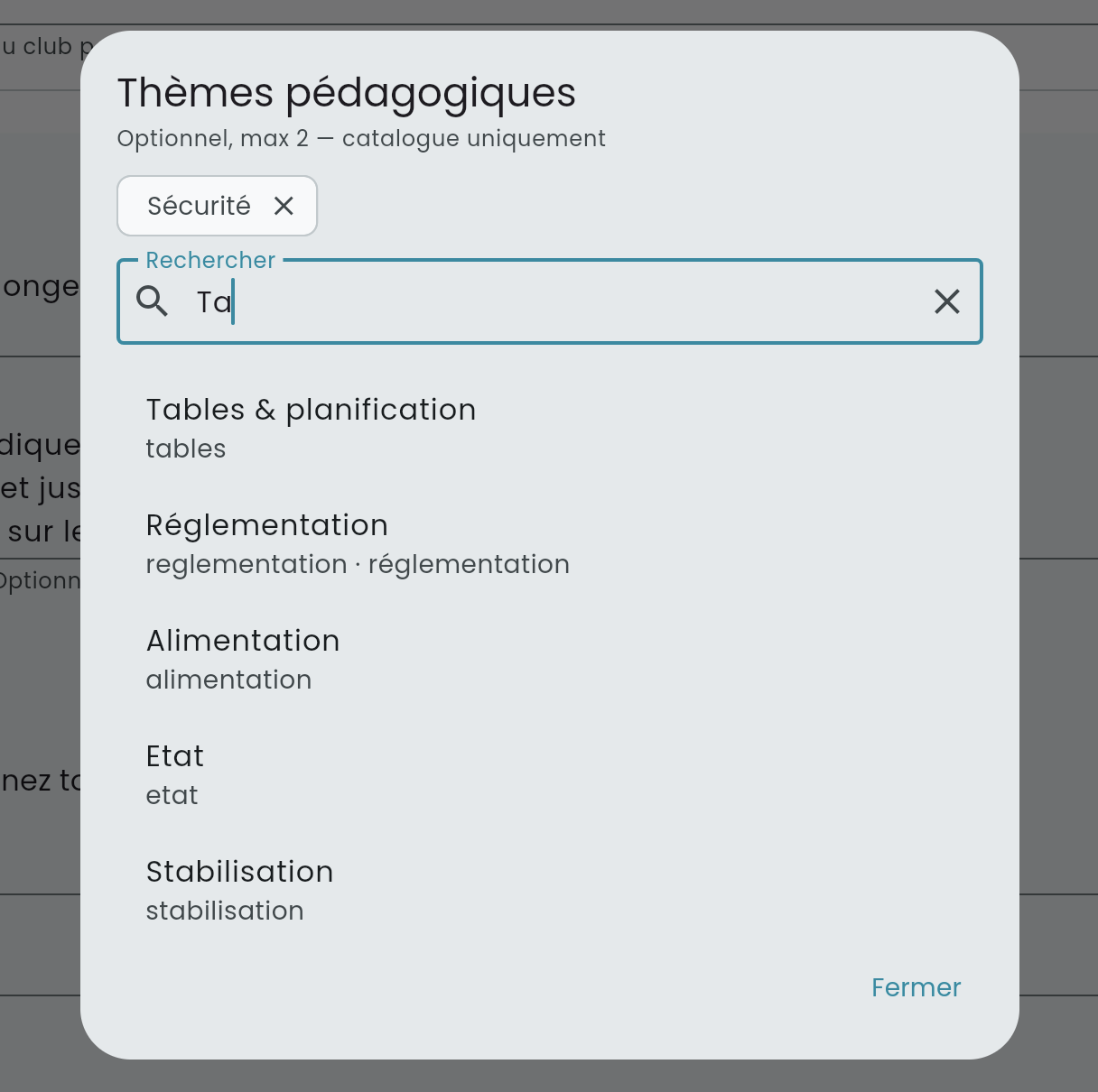 Sélection de thèmes sur une question QuizDive